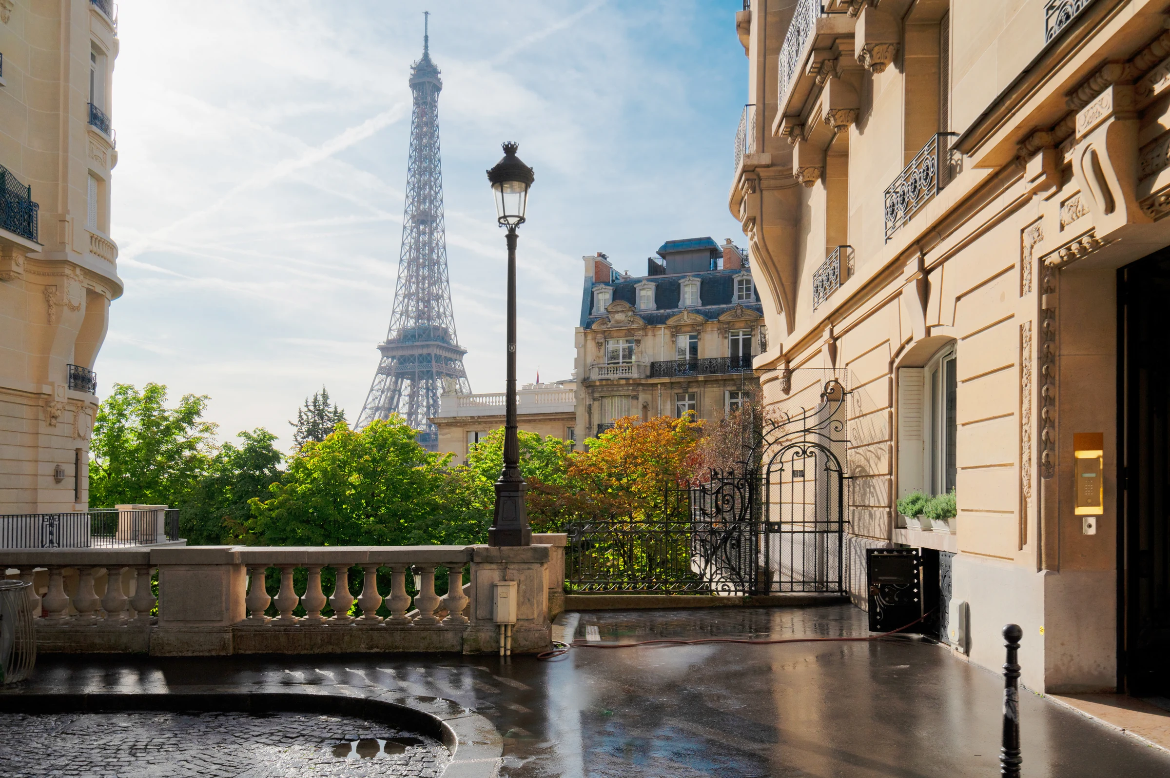A stone balustrade and the rooftops of Paris beyond