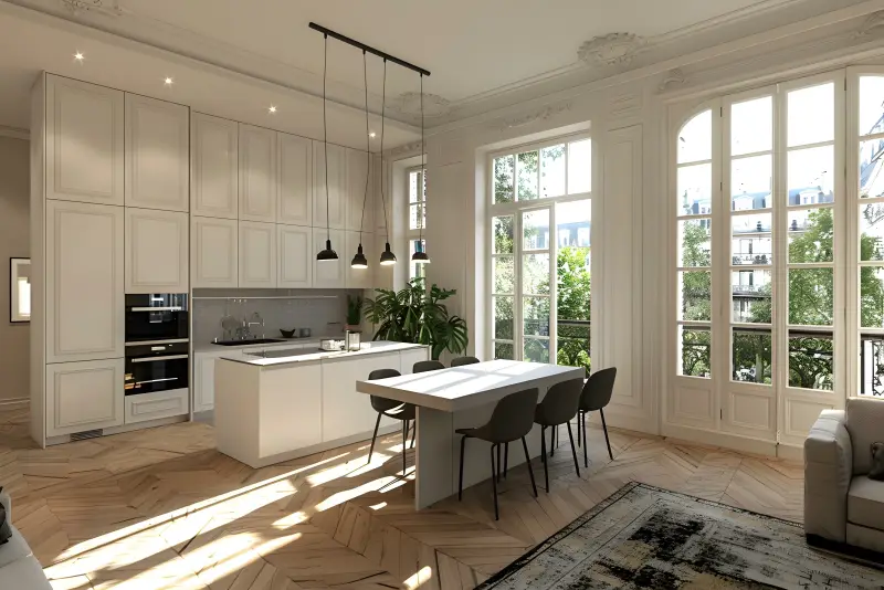 Bright open kitchen in a Haussmann apartment