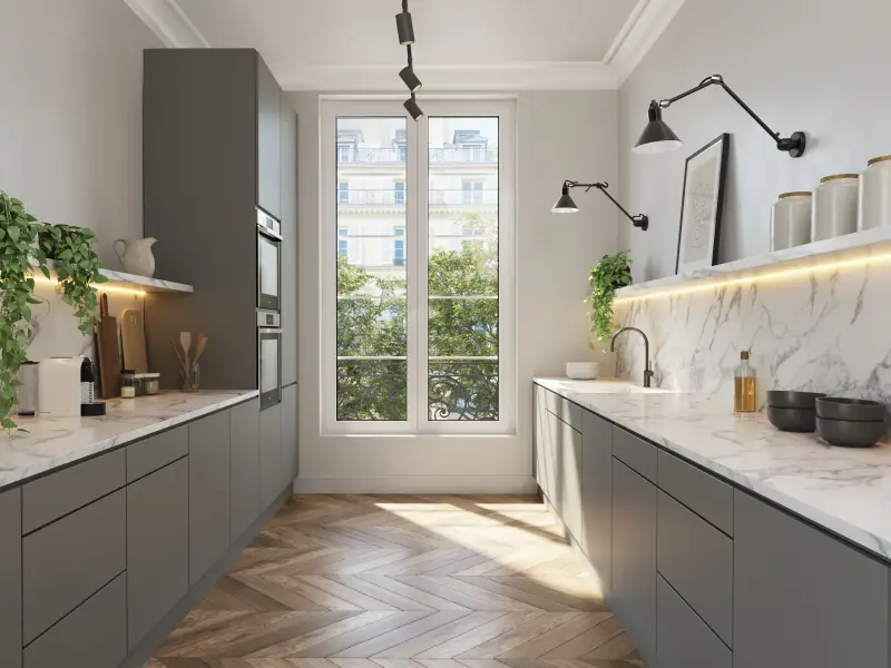 Modern kitchen with marble countertops in a Parisian apartment