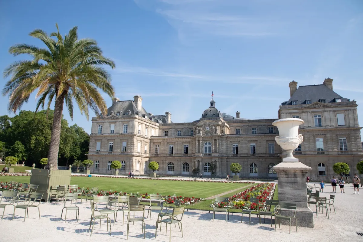 Palais du Luxembourg et jardin avec palmier et chaises dans le 6e arrondissement de Paris