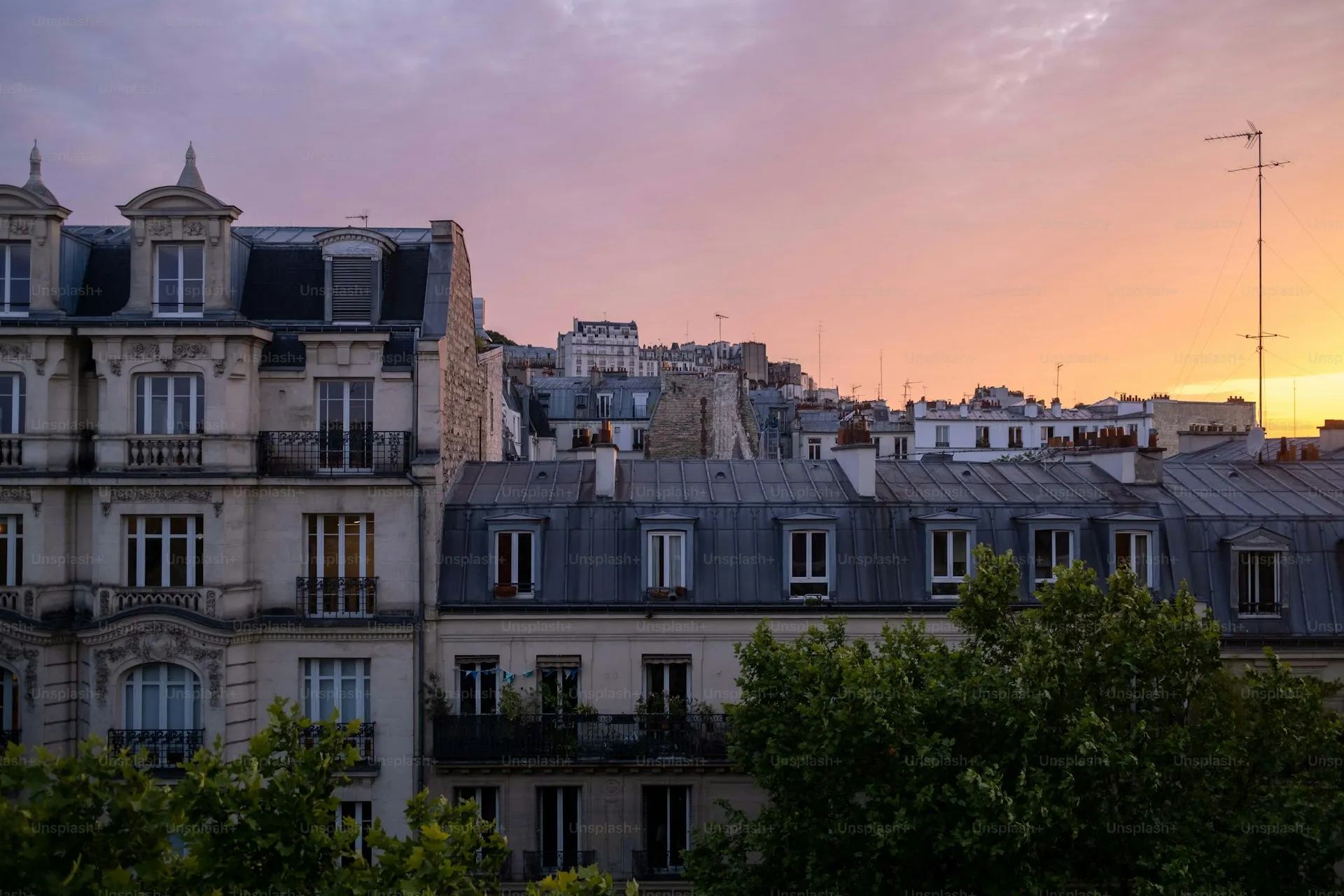 Vue panoramique sur les immeubles haussmanniens de Paris depuis un balcon