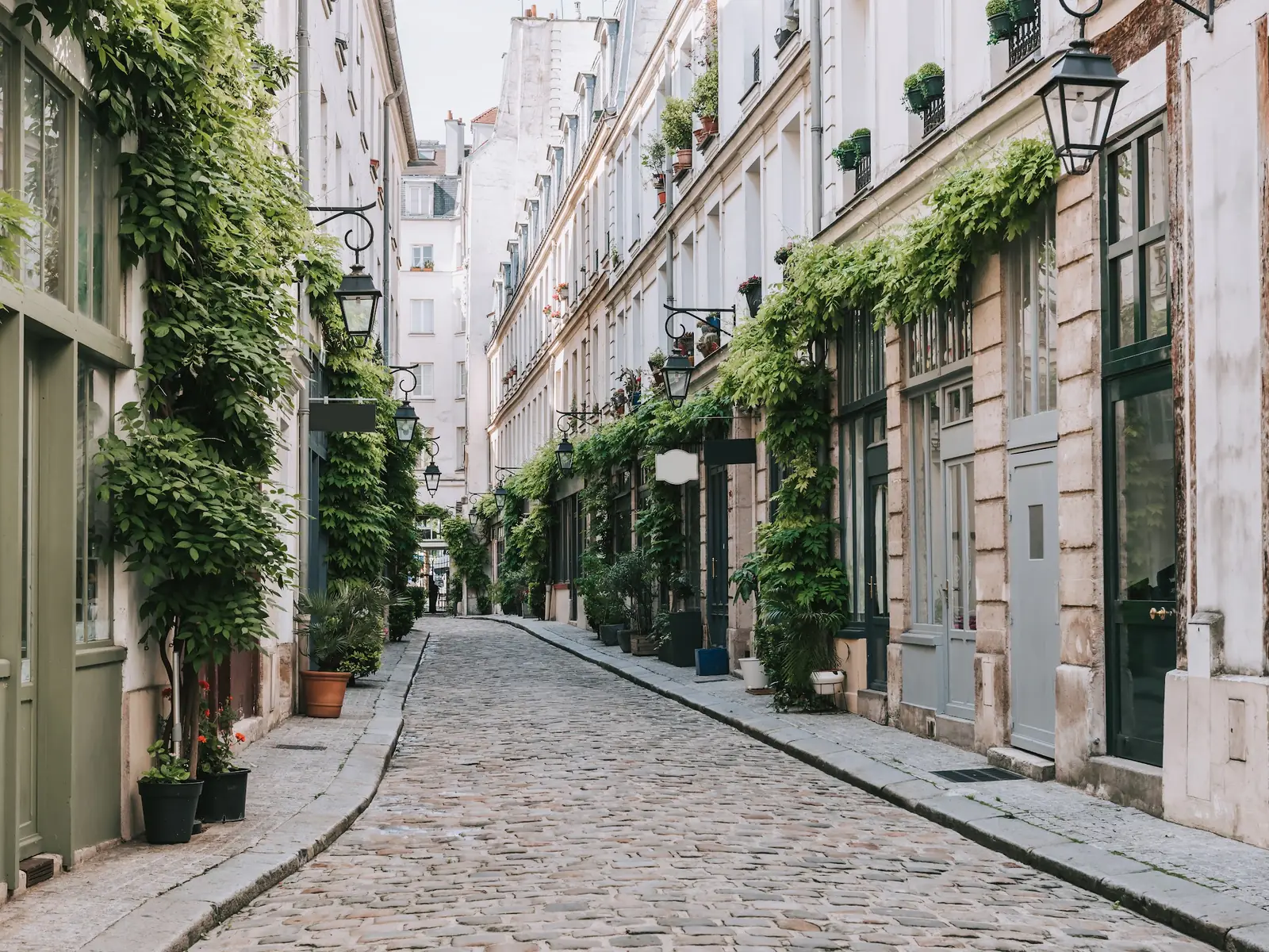 Ruelle pavée verdoyante d'un quartier parisien