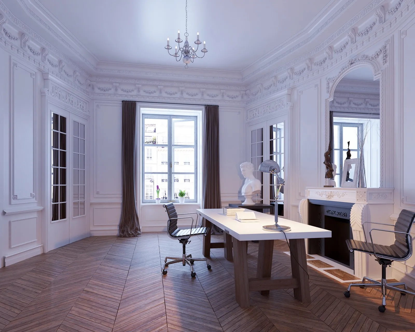 Bureau avec calculatrice, documents notariés et clés d'appartement posés sur un plan de Paris