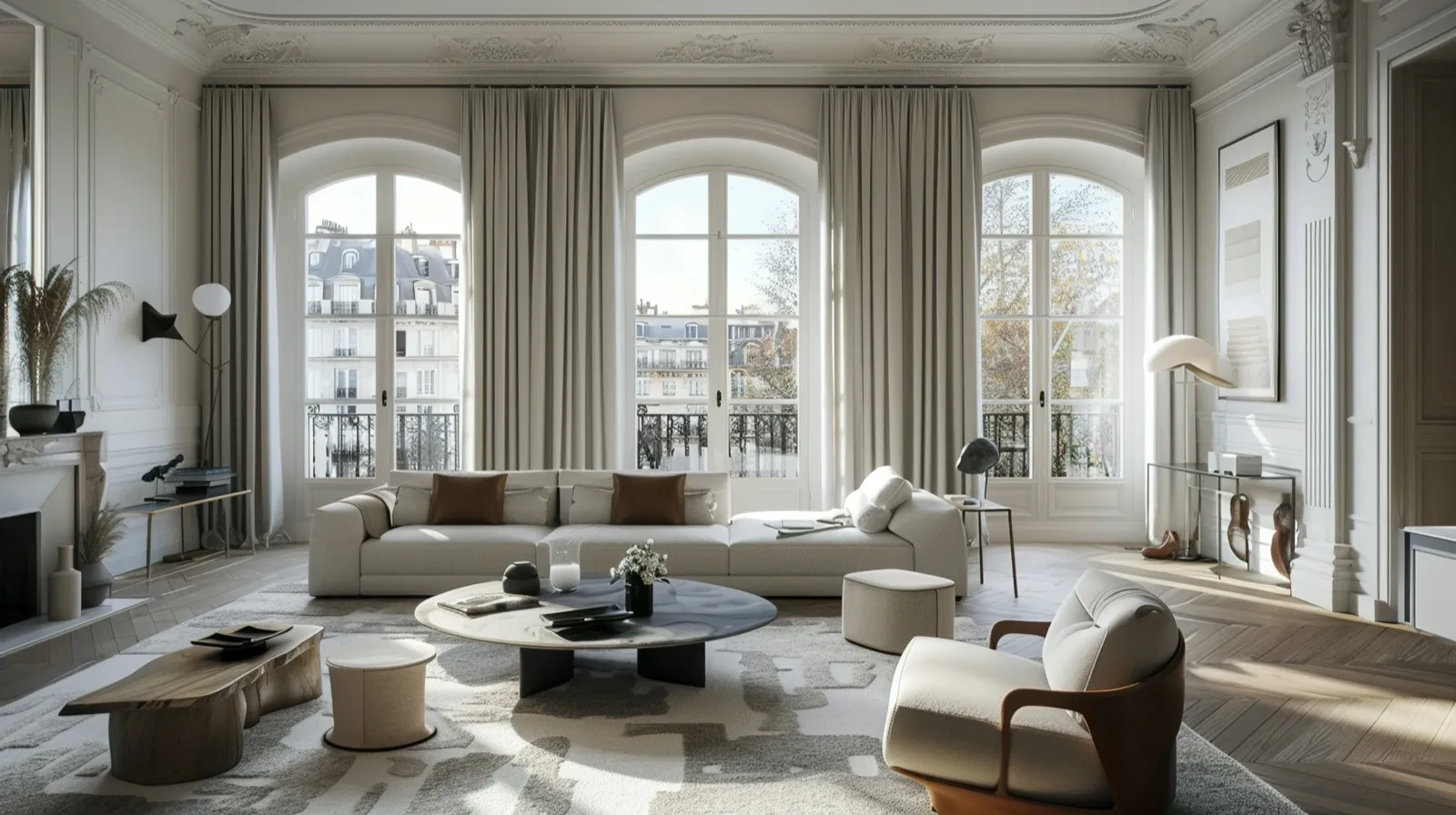 Vue sur les toits de Paris depuis un appartement haussmannien avec moulures et parquet