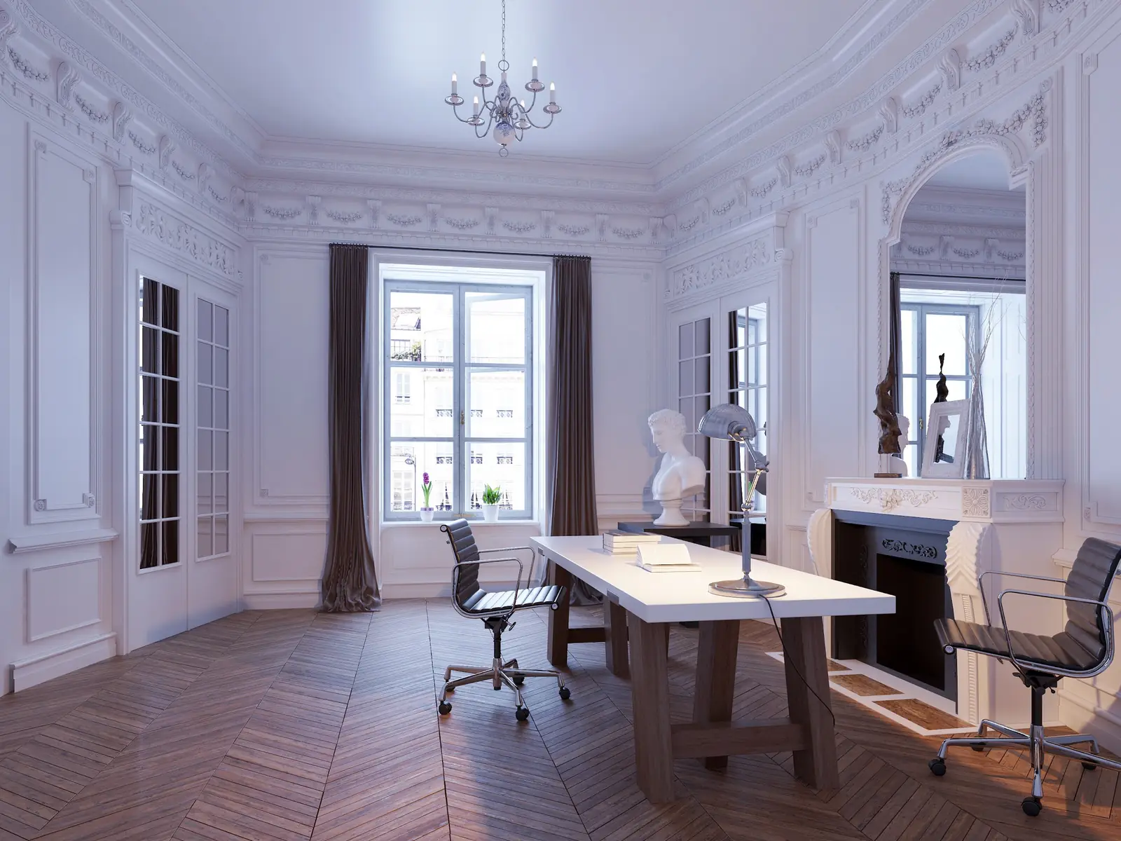 Bureau aménagé dans un salon haussmannien à moulures