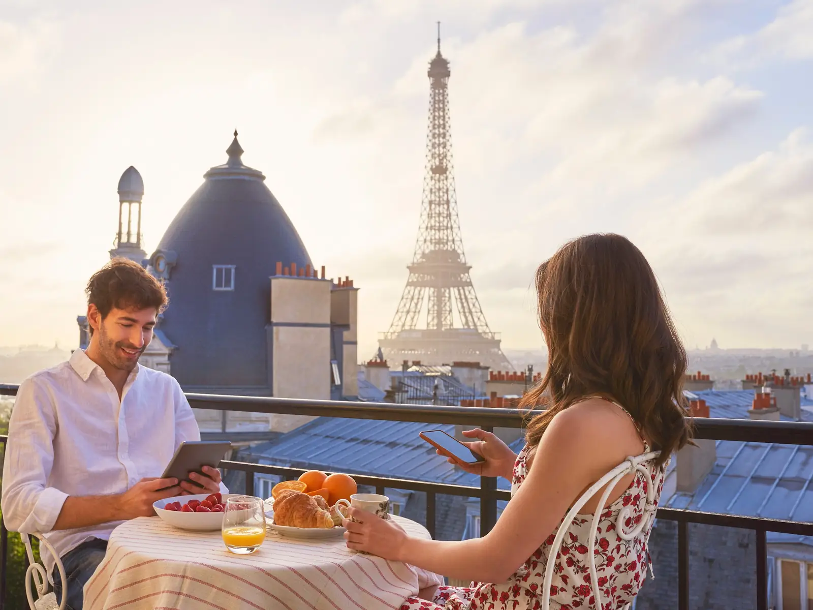 Breakfast on a terrace facing the Eiffel Tower