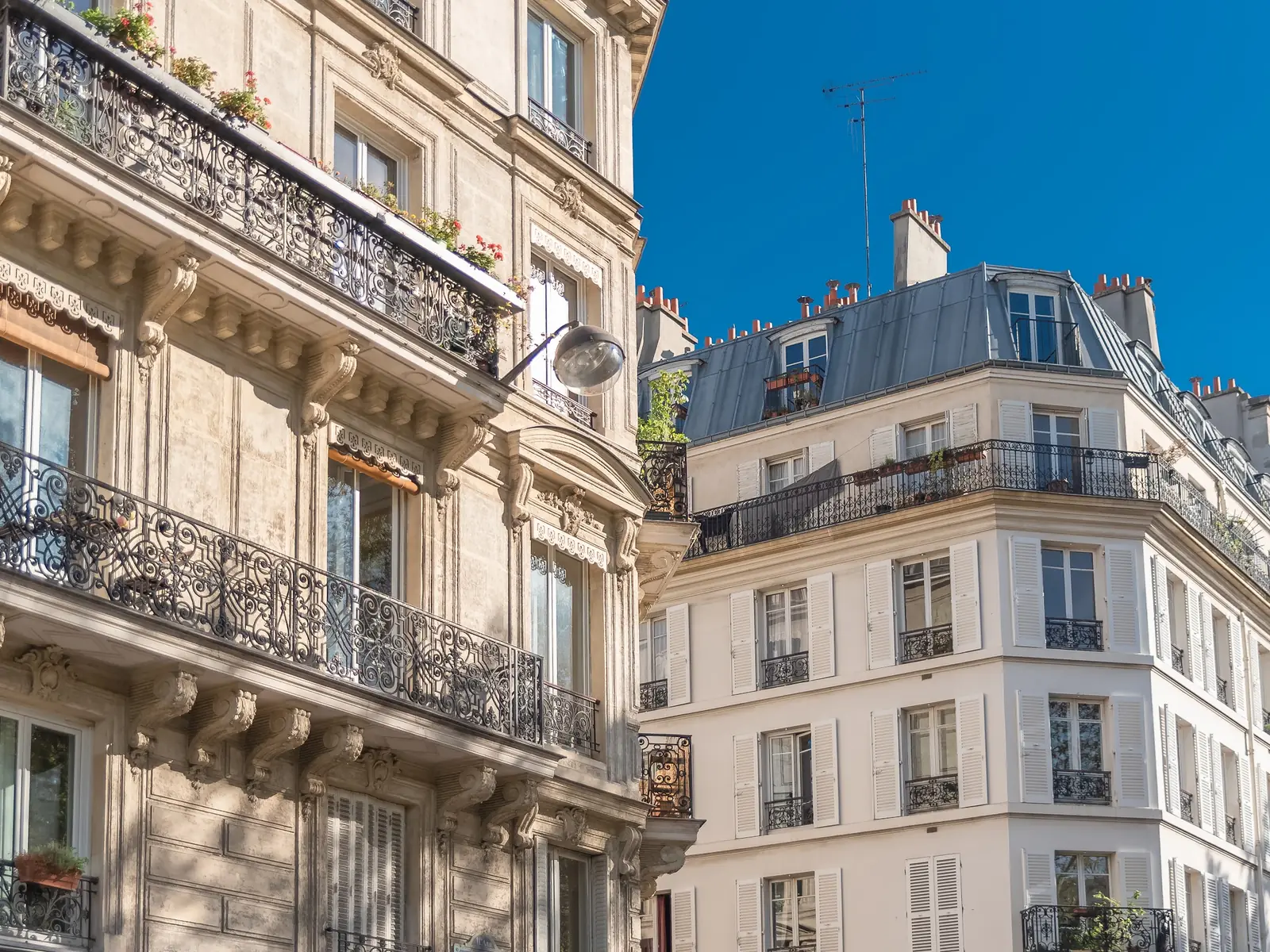 Façades parisiennes et balcons en contre-plongée
