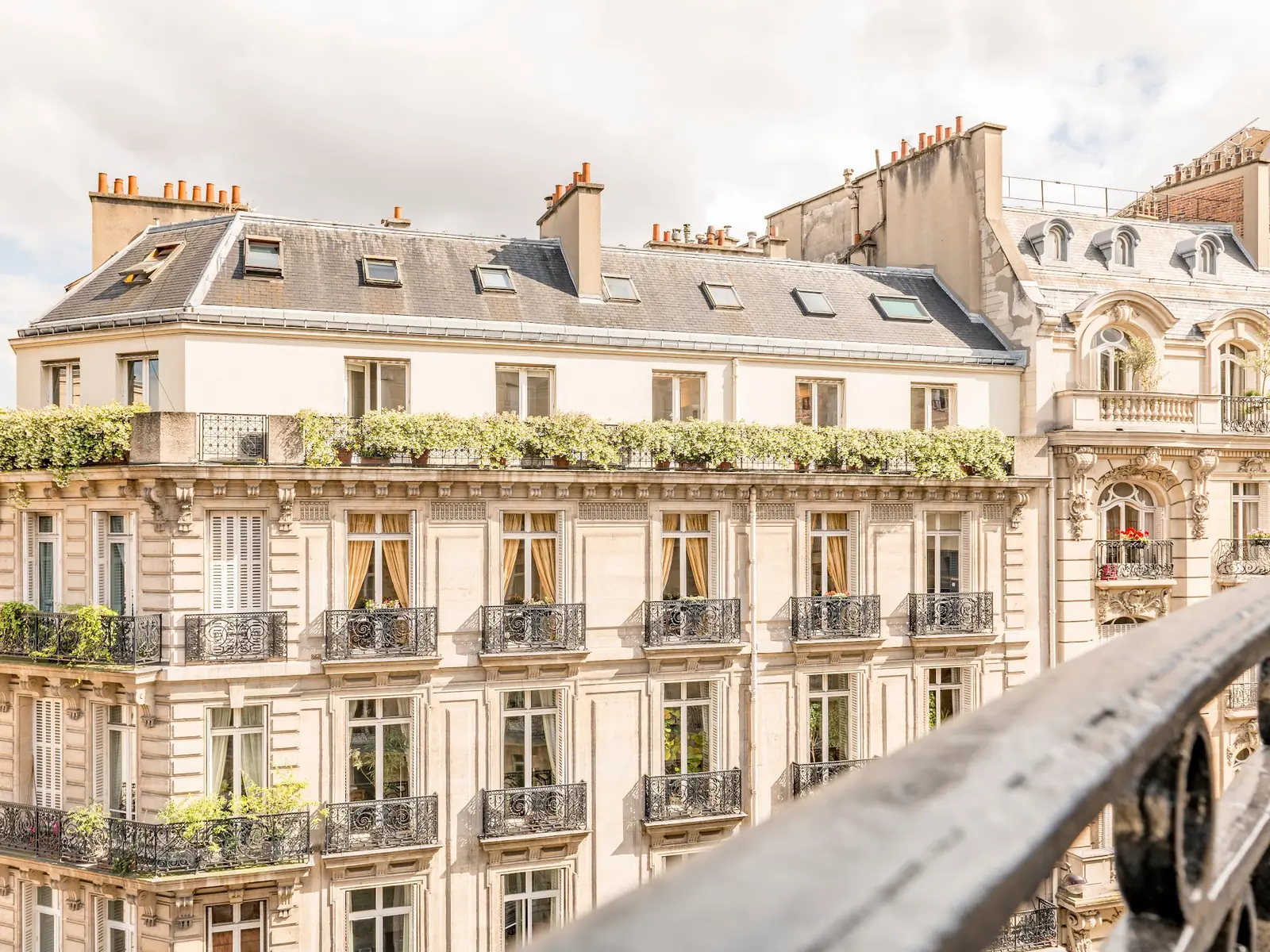 Façades parisiennes et verdure vues d'un balcon