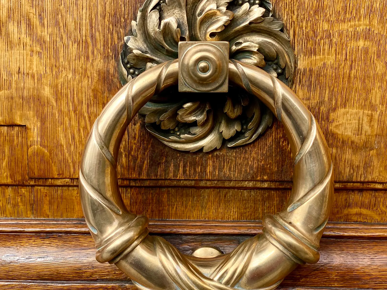 Heurtoir doré sur une porte cochère en bois