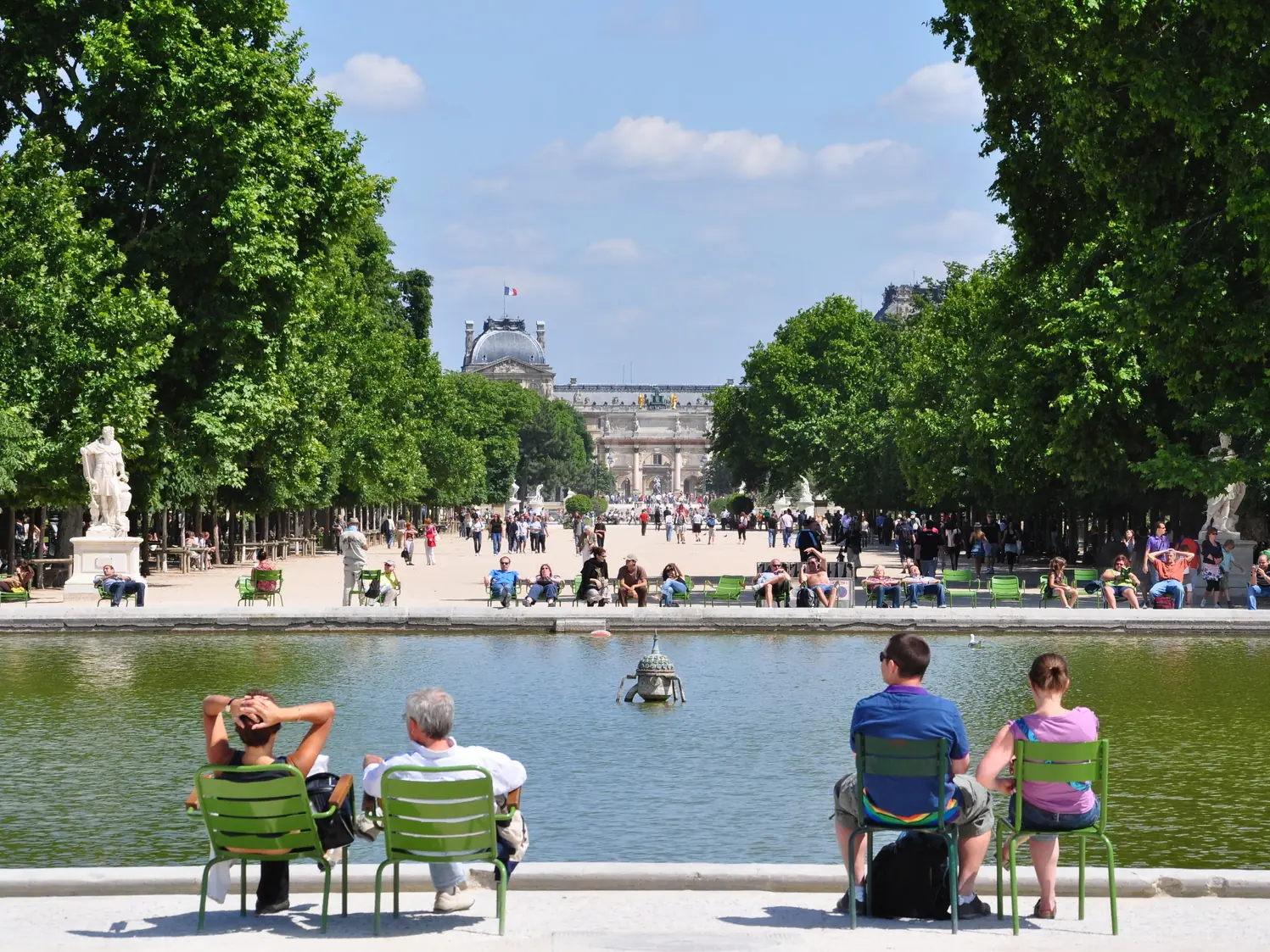 Bassin et chaises vertes du jardin du Luxembourg