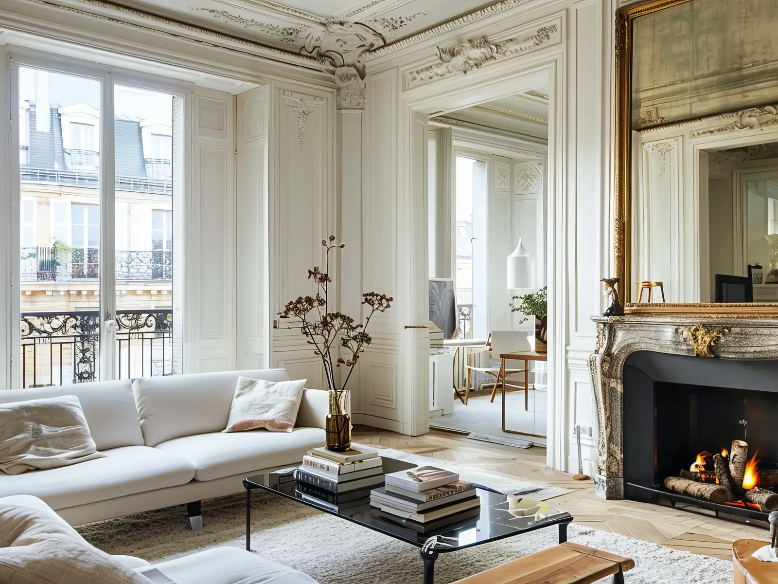 Salon parisien, cheminée et grand miroir