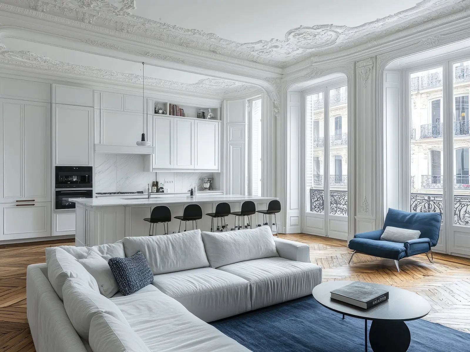 Salon haussmannien et son canapé blanc