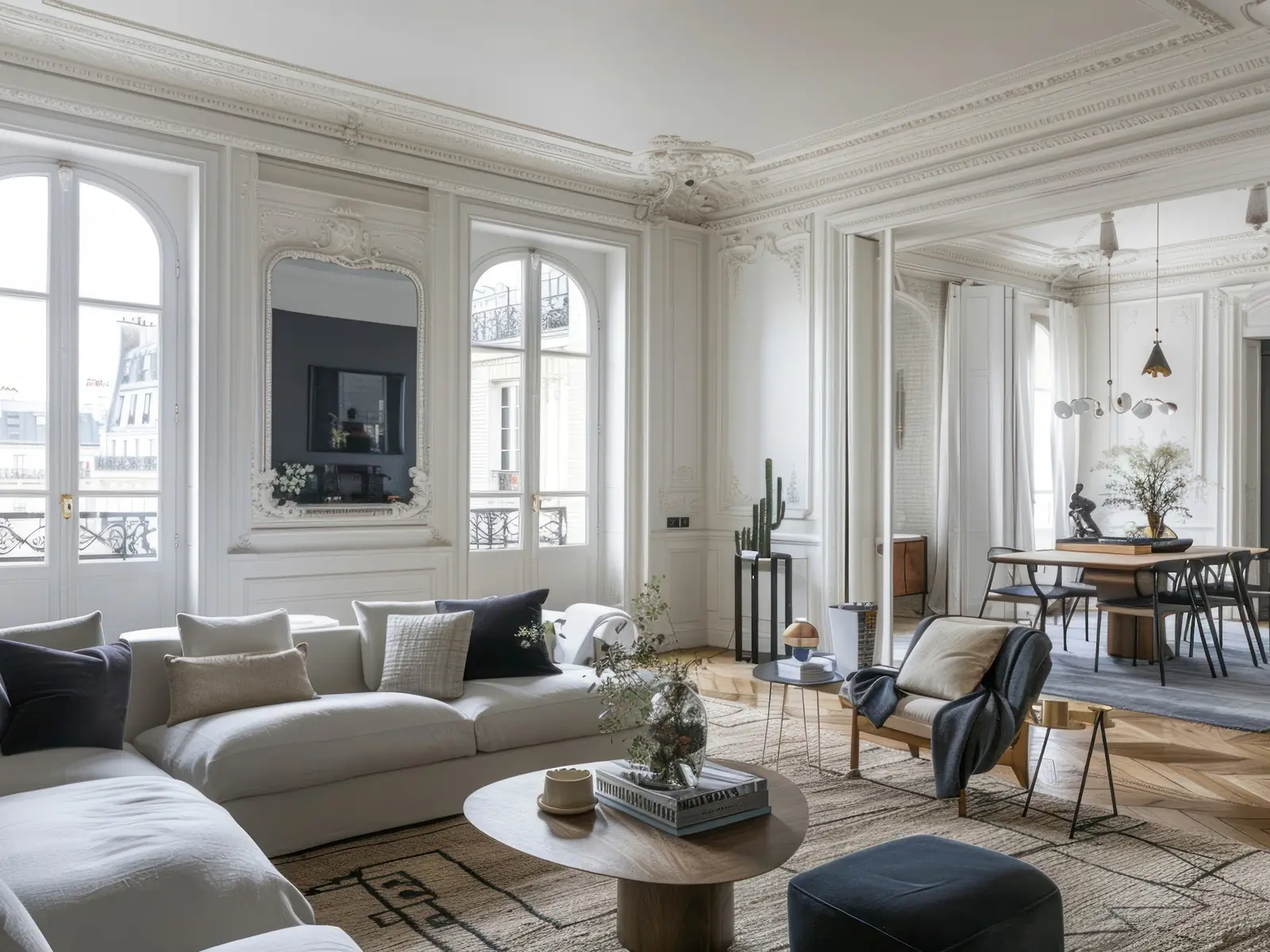 Bright Paris living room with mouldings