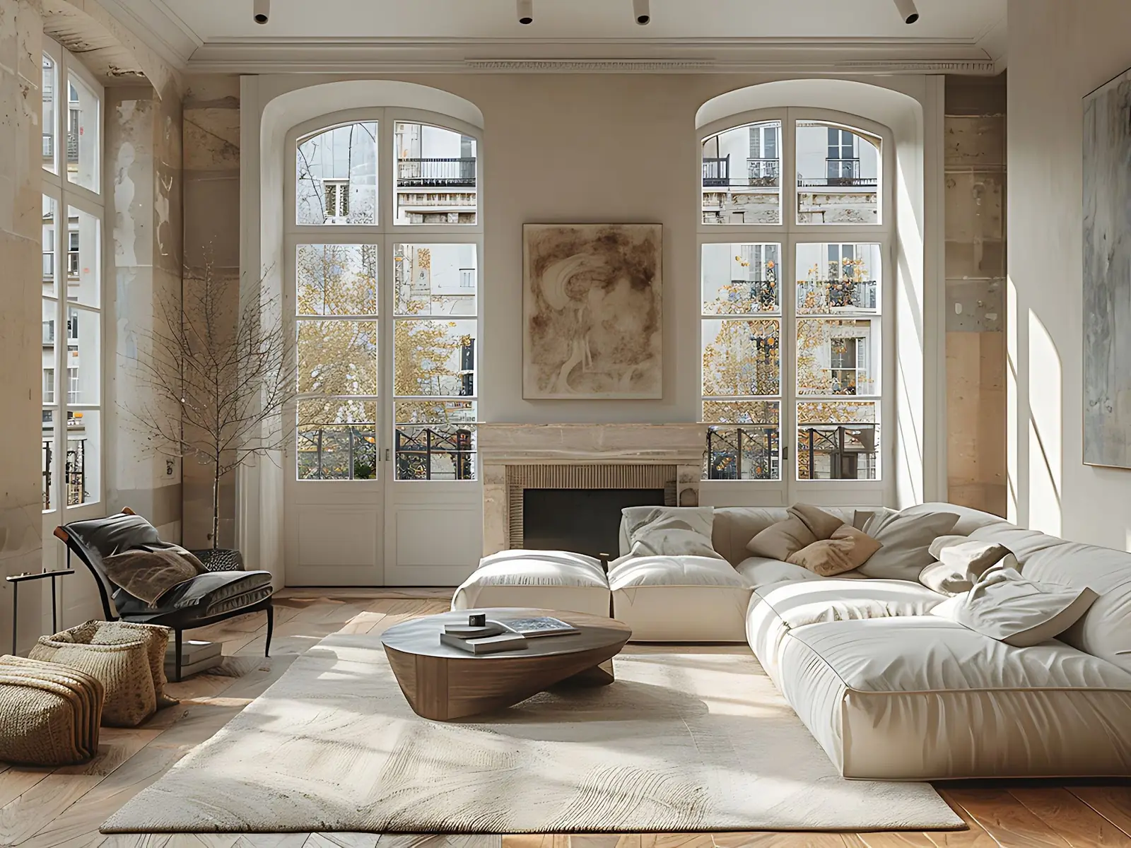 Salon parisien, parquet et lumière traversante
