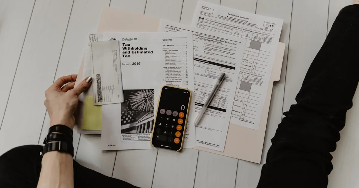 Calculatrice et documents financiers devant une fenêtre parisienne