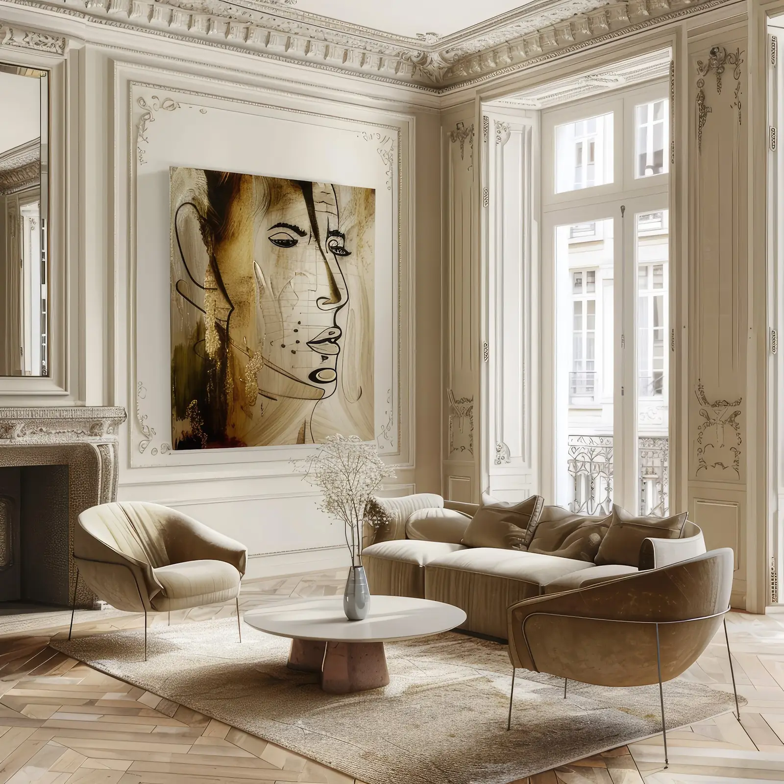 Grand salon parisien lumineux, œuvre murale et mobilier contemporain