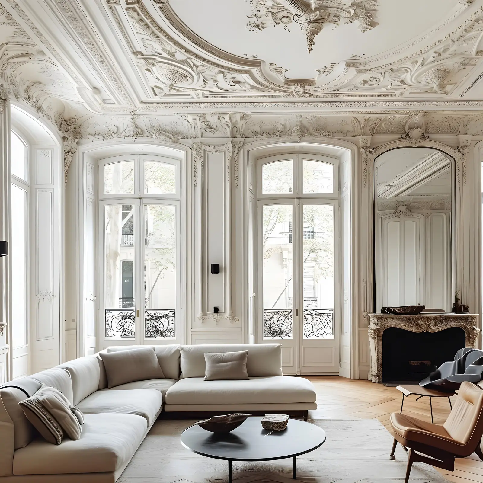 Grand salon parisien au plafond ouvragé, moulures et parquet ancien