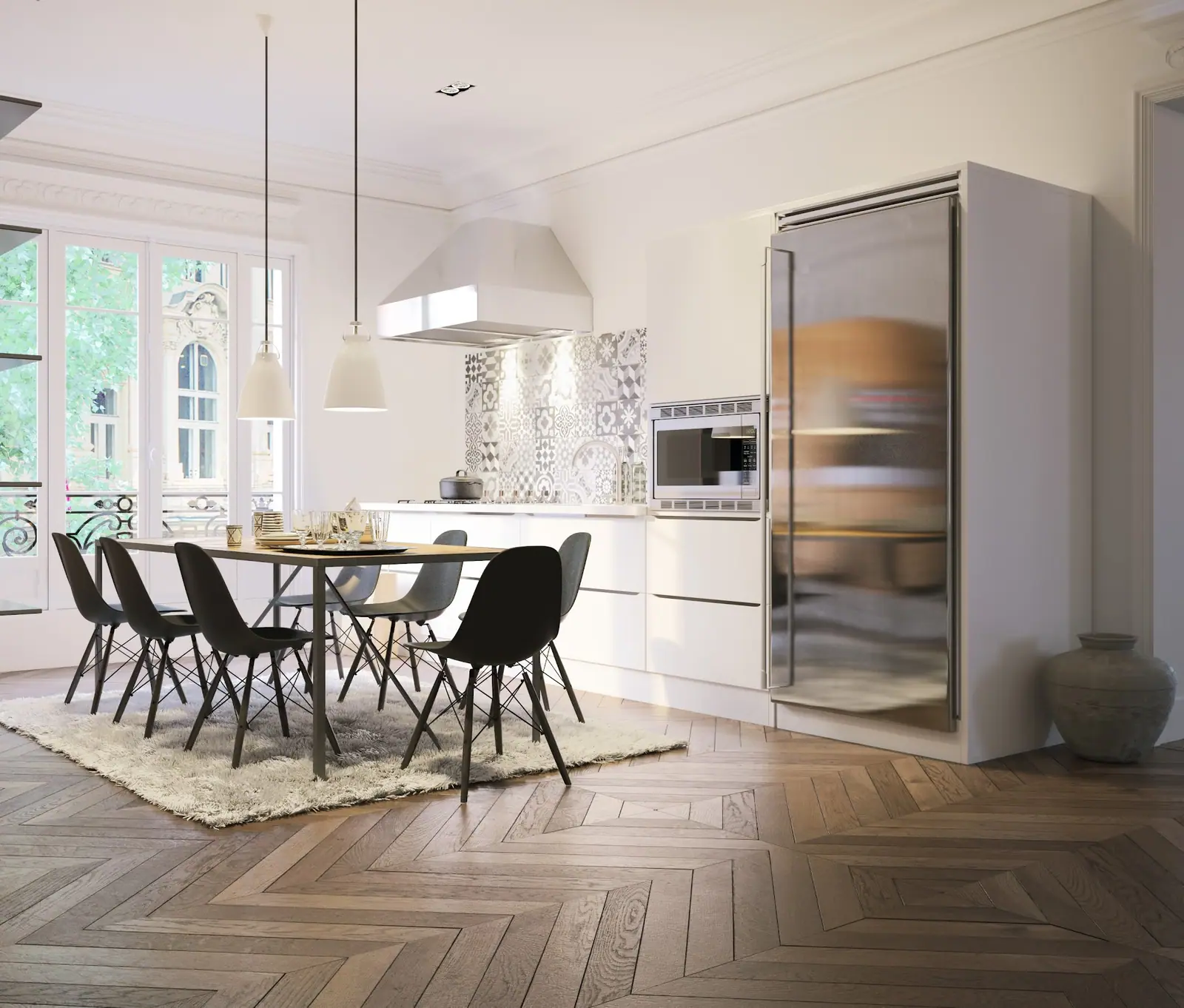 Salle à manger d'un appartement parisien, parquet en point de Hongrie et grande table en bois