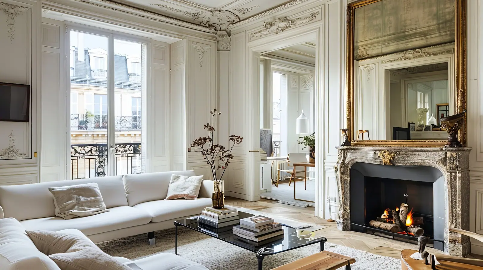 Cheminée en marbre surmontée d'un miroir dans le salon d'un appartement parisien