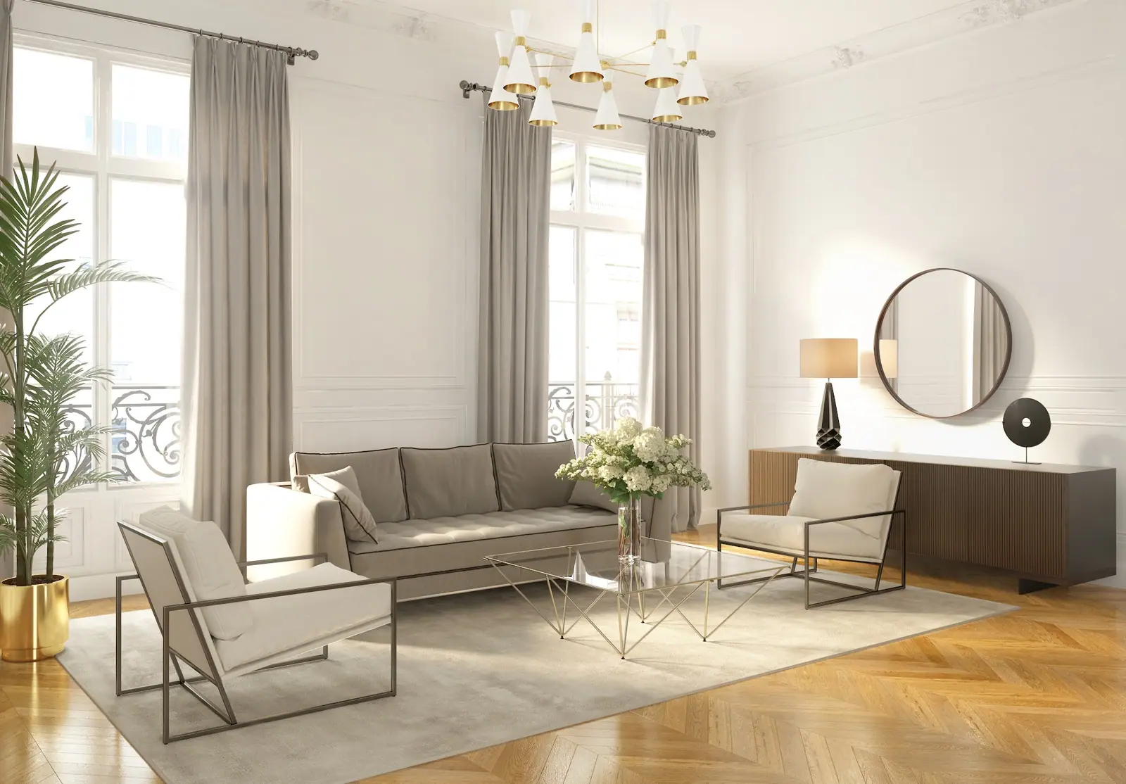 Salon haussmannien épuré, moulures au plafond et parquet ancien, dans un appartement parisien