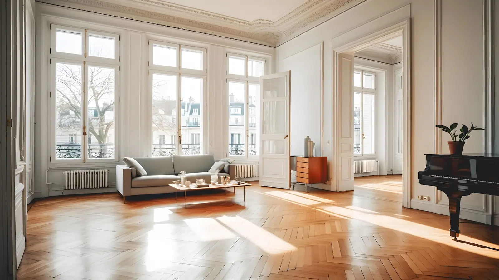 Salon d'un appartement haussmannien avec piano à queue et parquet en chevrons