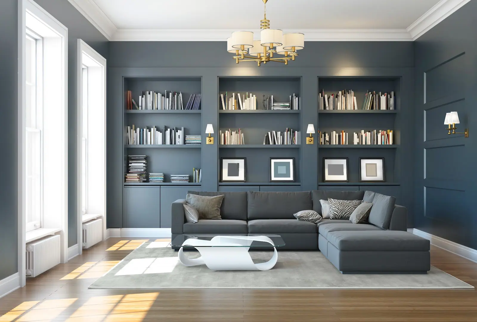 Salon parisien aux murs bleus avec bibliothèque intégrée et parquet ancien