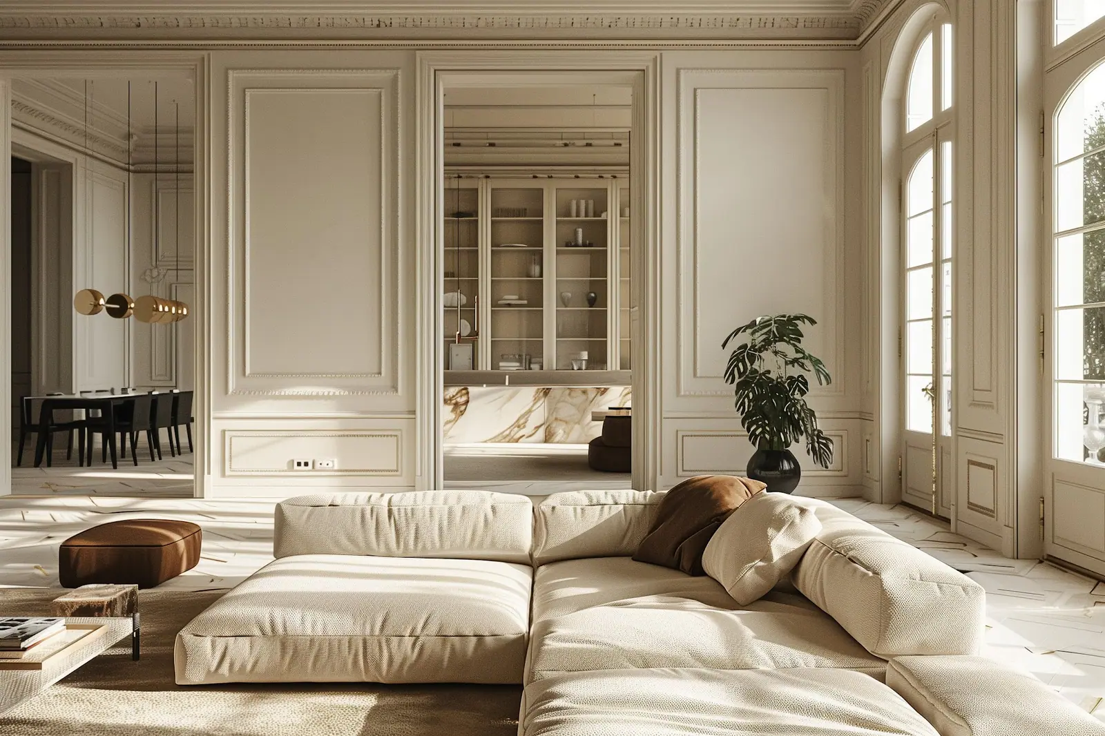 Salon parisien avec boiseries d'origine, cheminée et parquet en point de Hongrie