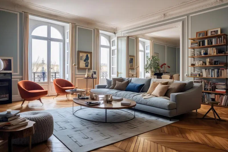 Salon avec bibliothèque intégrée et parquet ancien