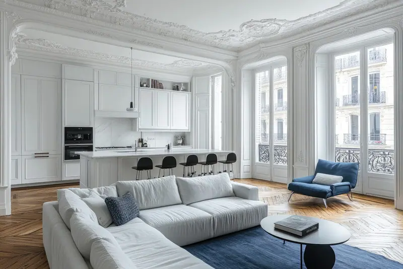 Salon haussmannien, canapé blanc et cheminée en marbre
