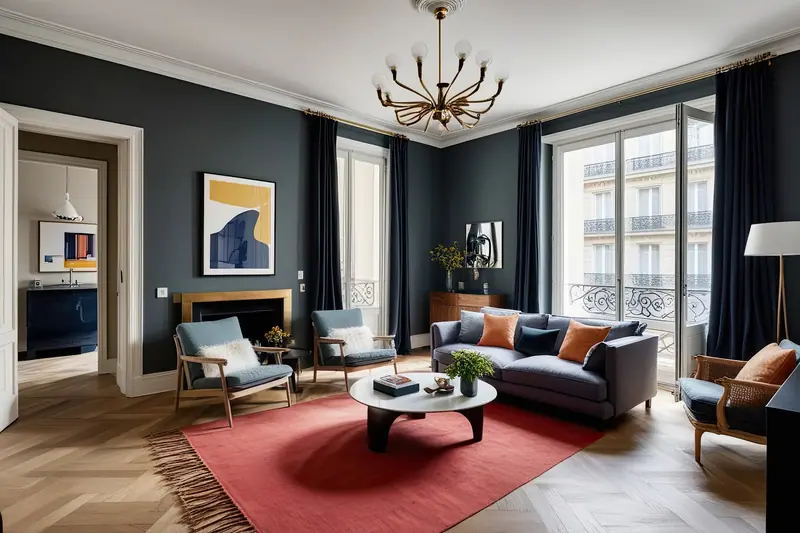 Salon parisien avec tapis rouge et mobilier design
