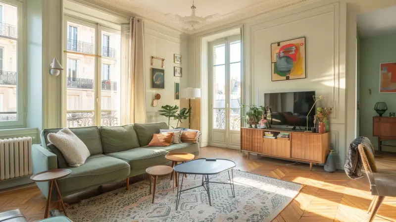 Salon aux murs verts et parquet ancien, Paris