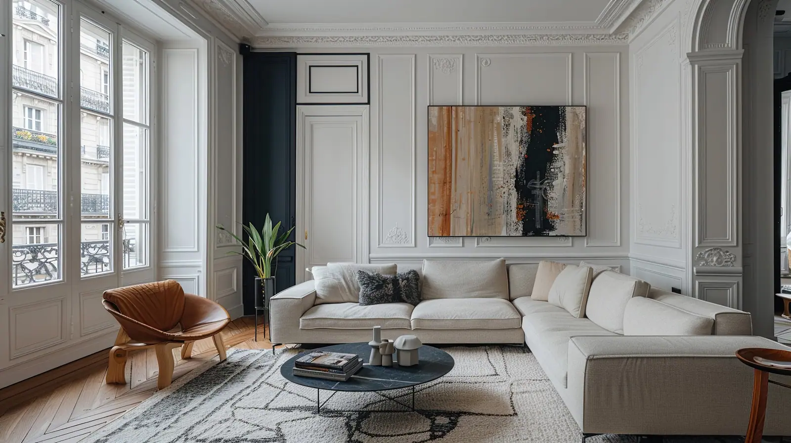 Salon contemporain aux moulures d'origine dans un appartement parisien