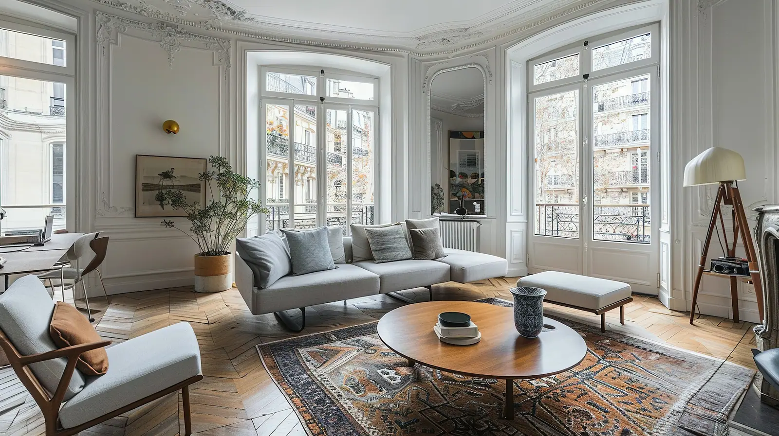 Salon parisien avec tapis persan, cheminée et parquet ancien
