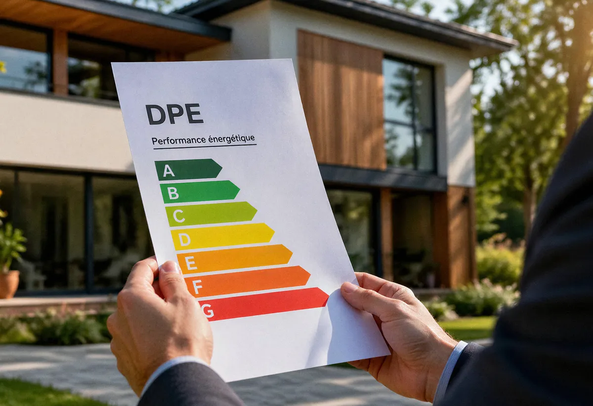 Étiquette énergétique de A à G d'un diagnostic de performance (DPE) tenue à deux mains devant une maison