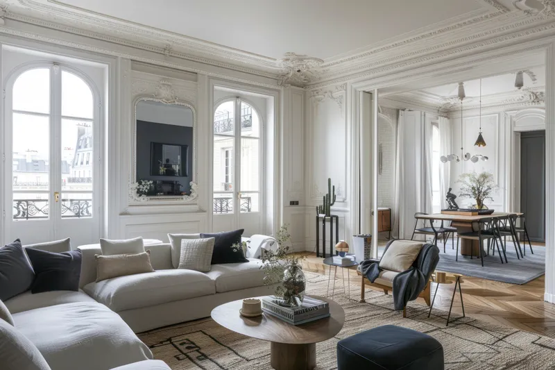 Salon lumineux d'un appartement haussmannien avec parquet et moulures