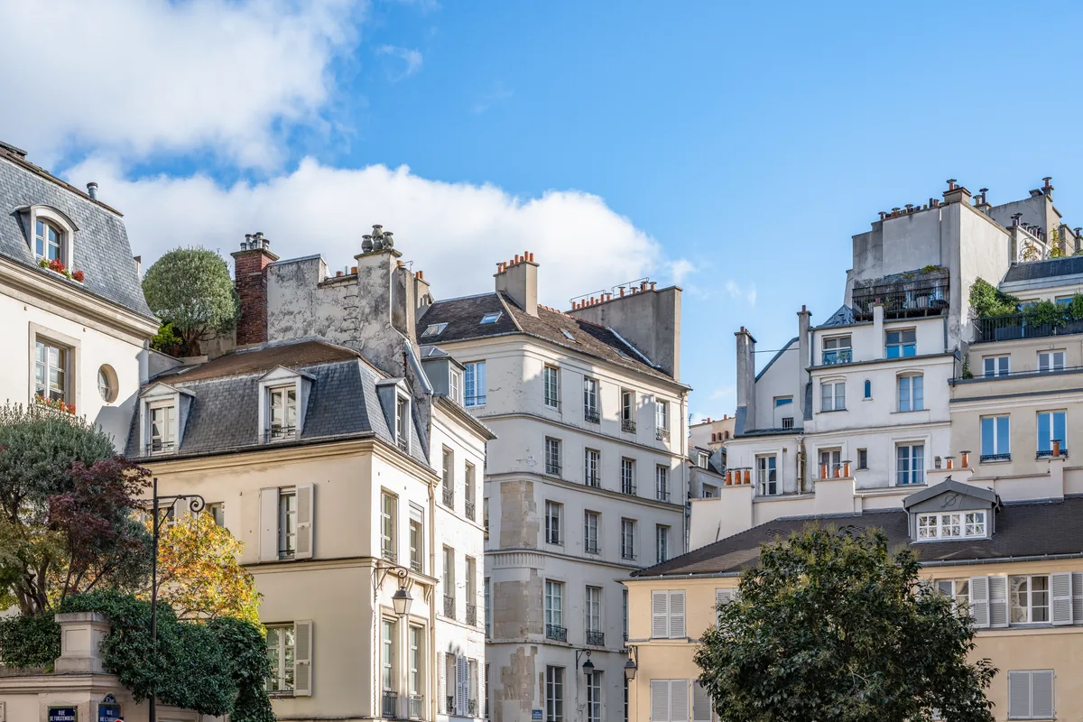 Toits de Paris en zinc et cheminées sous un ciel bleu